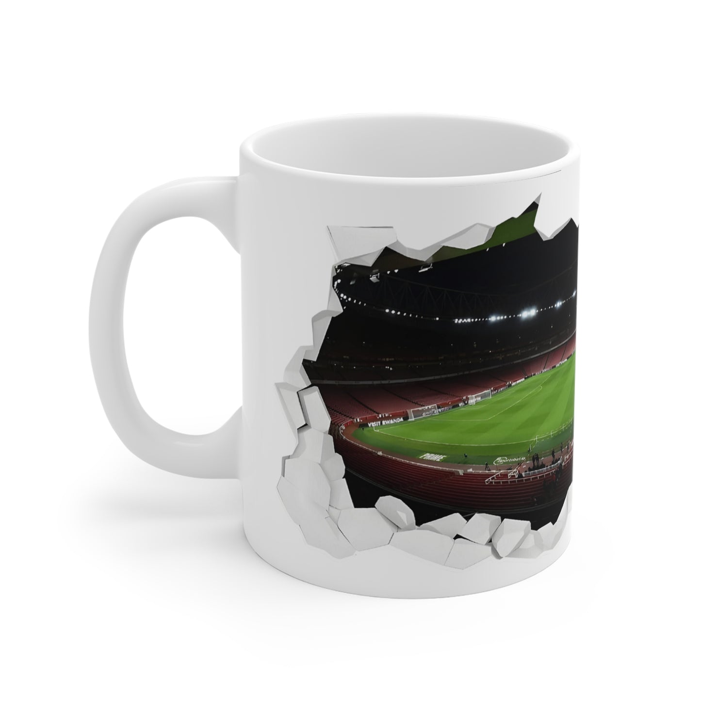 Emirates Stadium View Arsenal Fan Coffee Mug — 3D Torn Wall Soccer Field Design