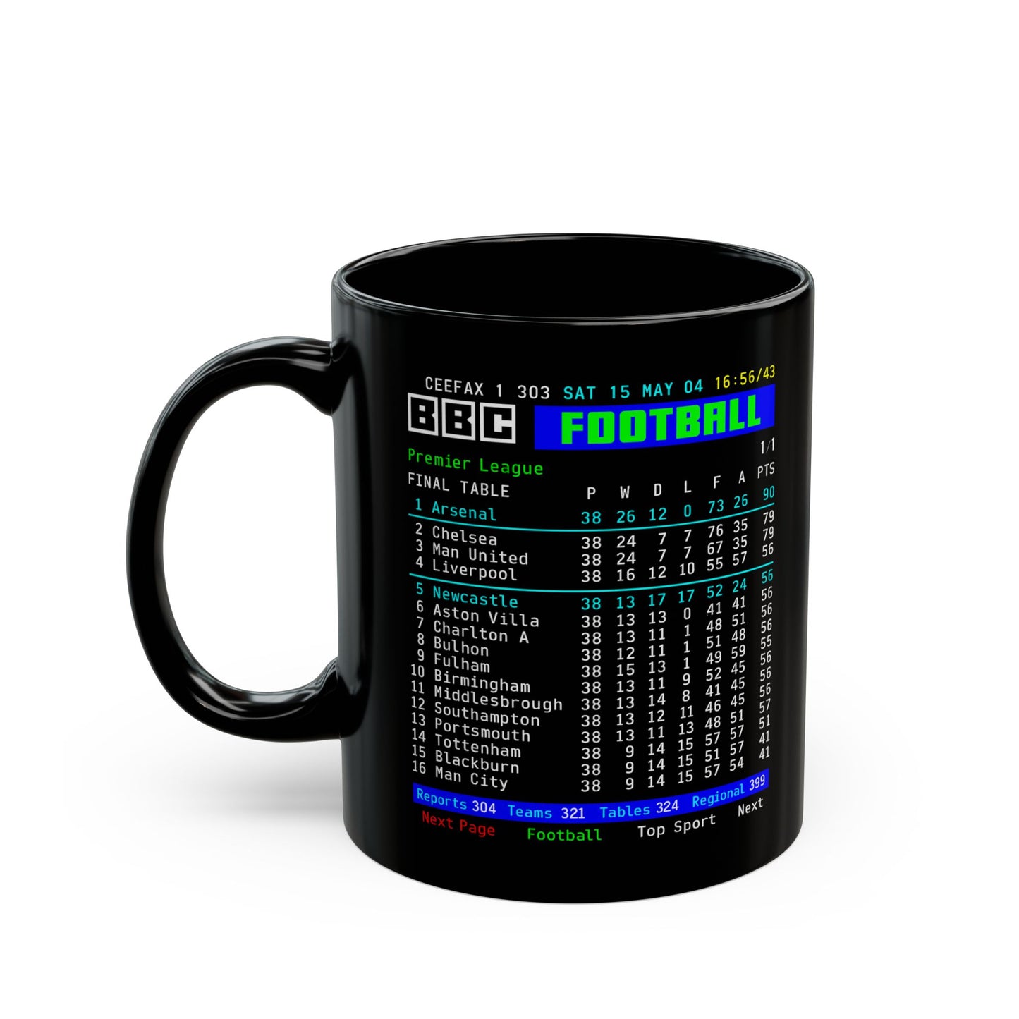 Arsenal 2004 Invincibles Premier League Table Mug — Retro BBC Teletext Style (11oz/15oz)