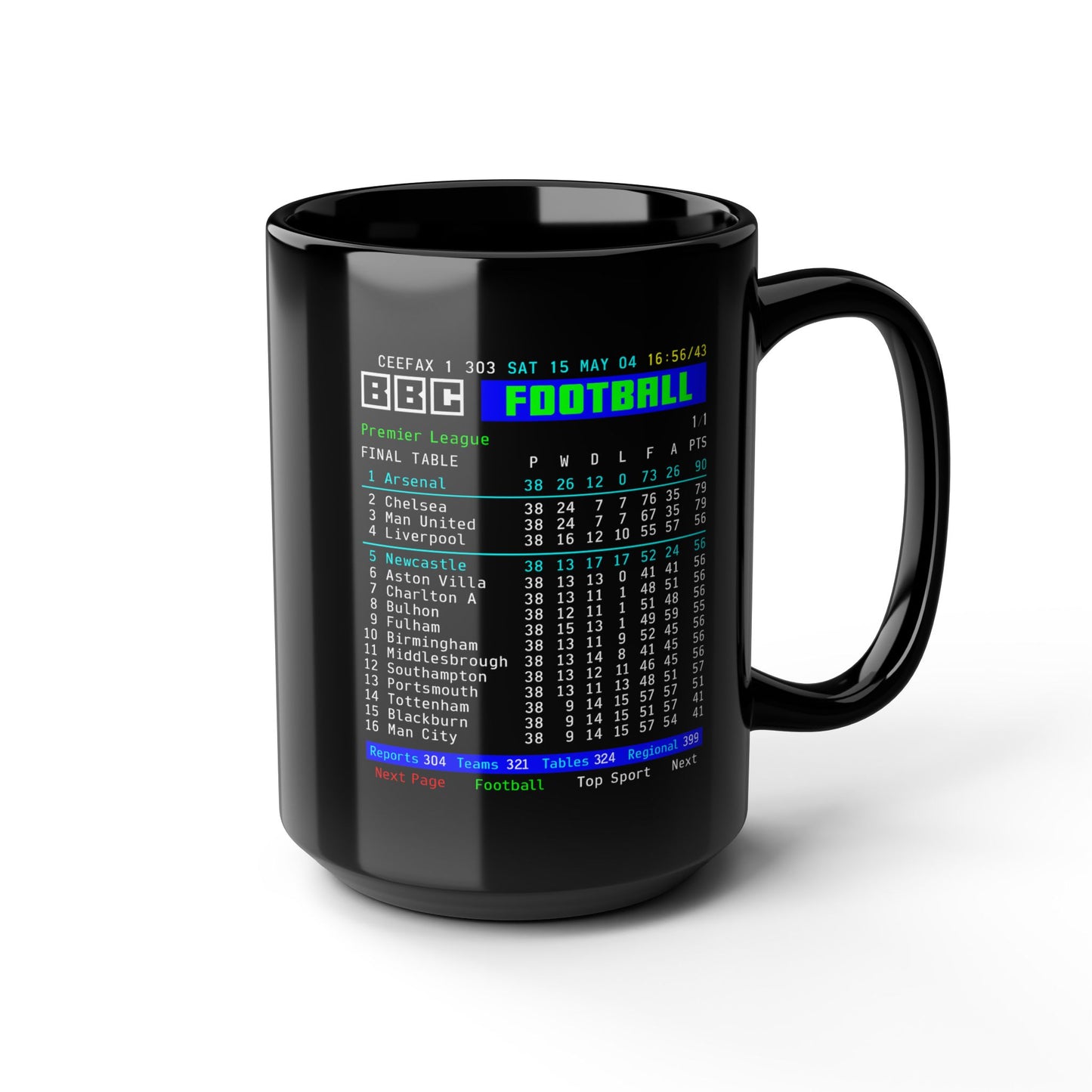 Arsenal 2004 Invincibles Premier League Table Mug — Retro BBC Teletext Style (11oz/15oz)