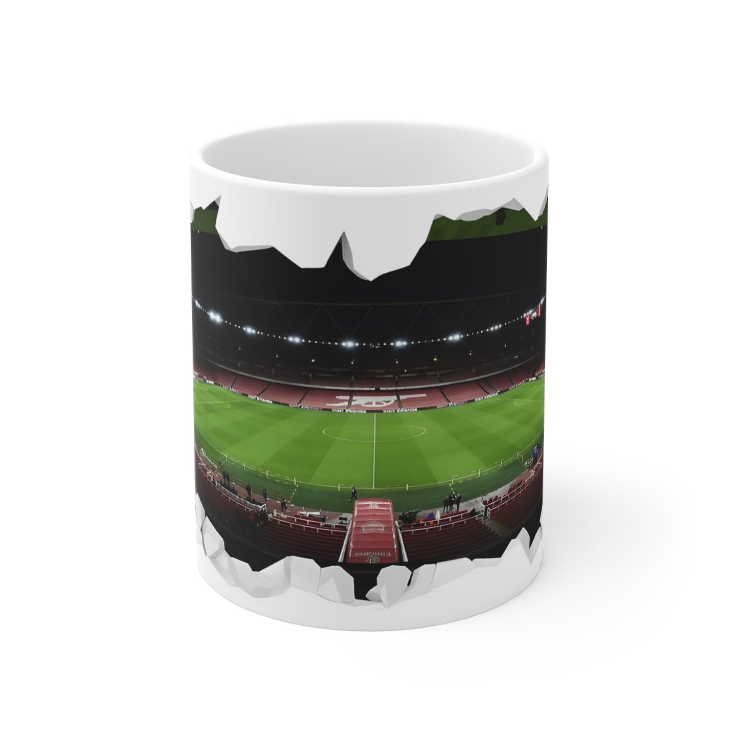 Emirates Stadium View Arsenal Fan Coffee Mug — 3D Torn Wall Soccer Field Design
