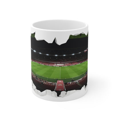 Emirates Stadium View Arsenal Fan Coffee Mug — 3D Torn Wall Soccer Field Design