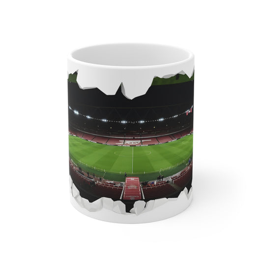 Emirates Stadium View Arsenal Fan Coffee Mug — 3D Torn Wall Soccer Field Design