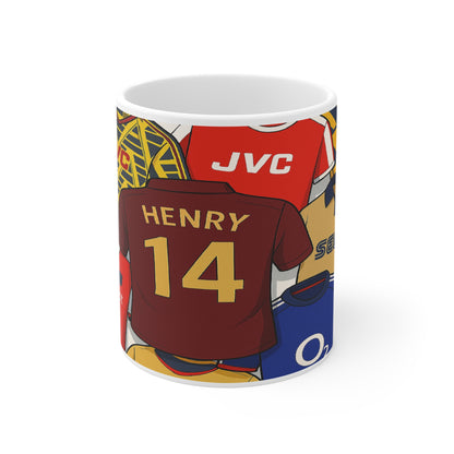 Retro Football Jersey Collage Mug — Henry #14 & Classic Kits Arsenal Fan Coffee Cup
