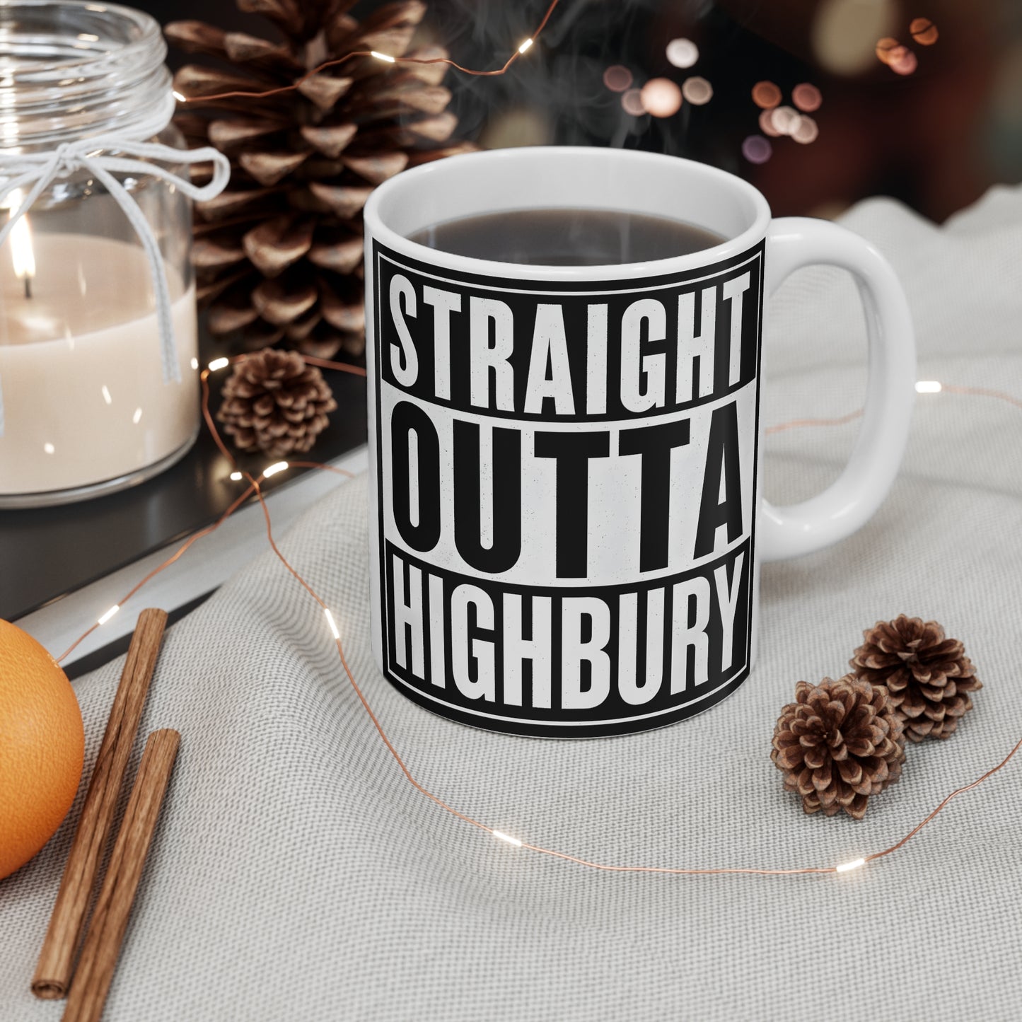 Arsenal Mug — “Straight Outta Highbury” Bold Black & White Typography Coffee Mug