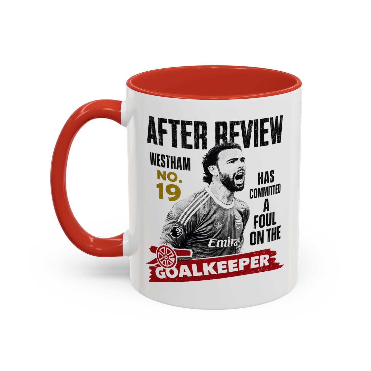 After Review Goalkeeper Coffee Mug — Funny Soccer Fan Gift (Westham No.19 Fouled) NEW