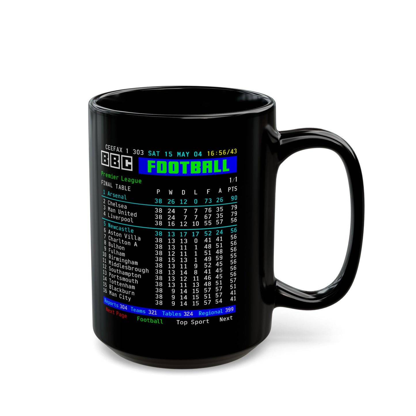 Arsenal 2004 Invincibles Premier League Table Mug — Retro BBC Teletext Style (11oz/15oz)