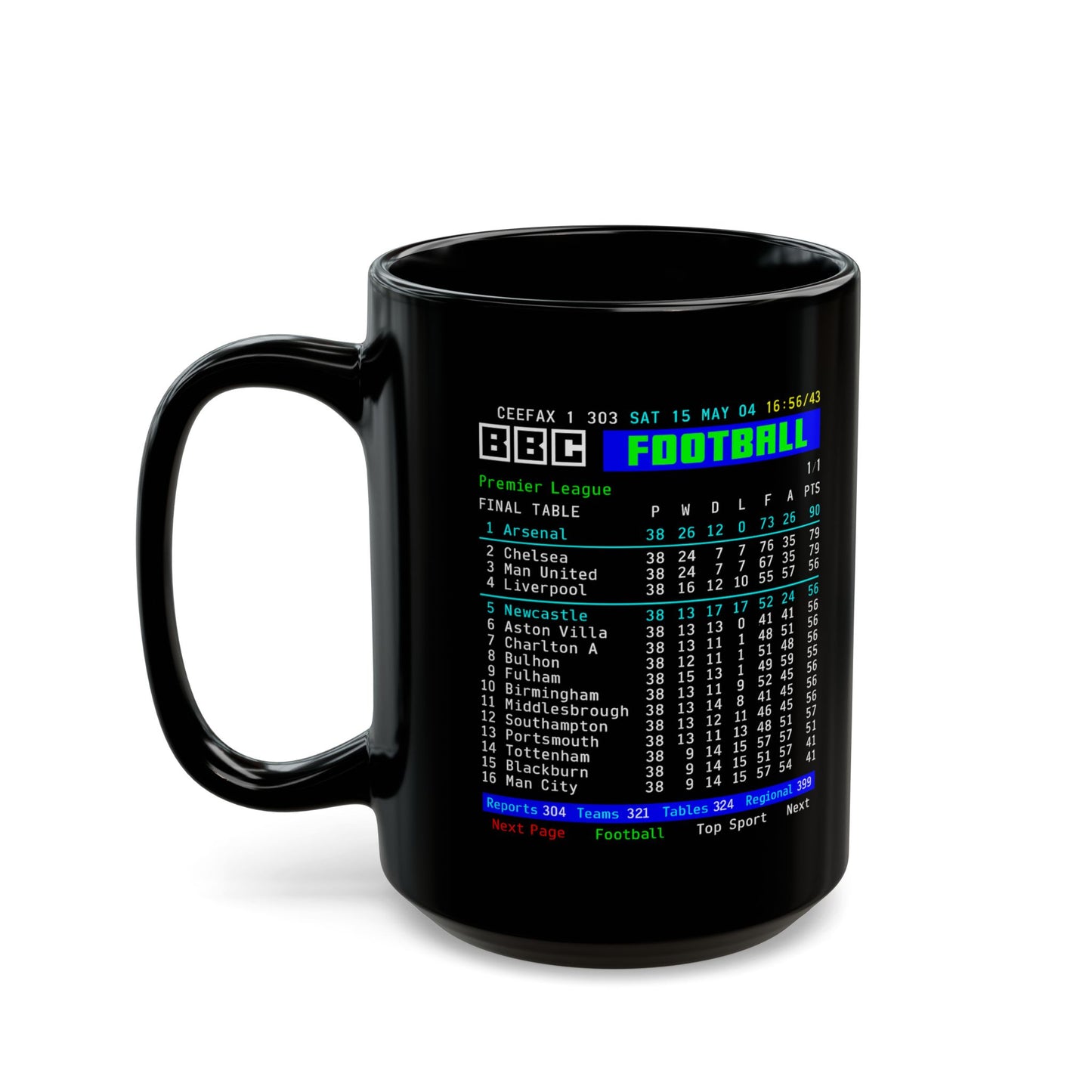 Arsenal 2004 Invincibles Premier League Table Mug — Retro BBC Teletext Style (11oz/15oz)