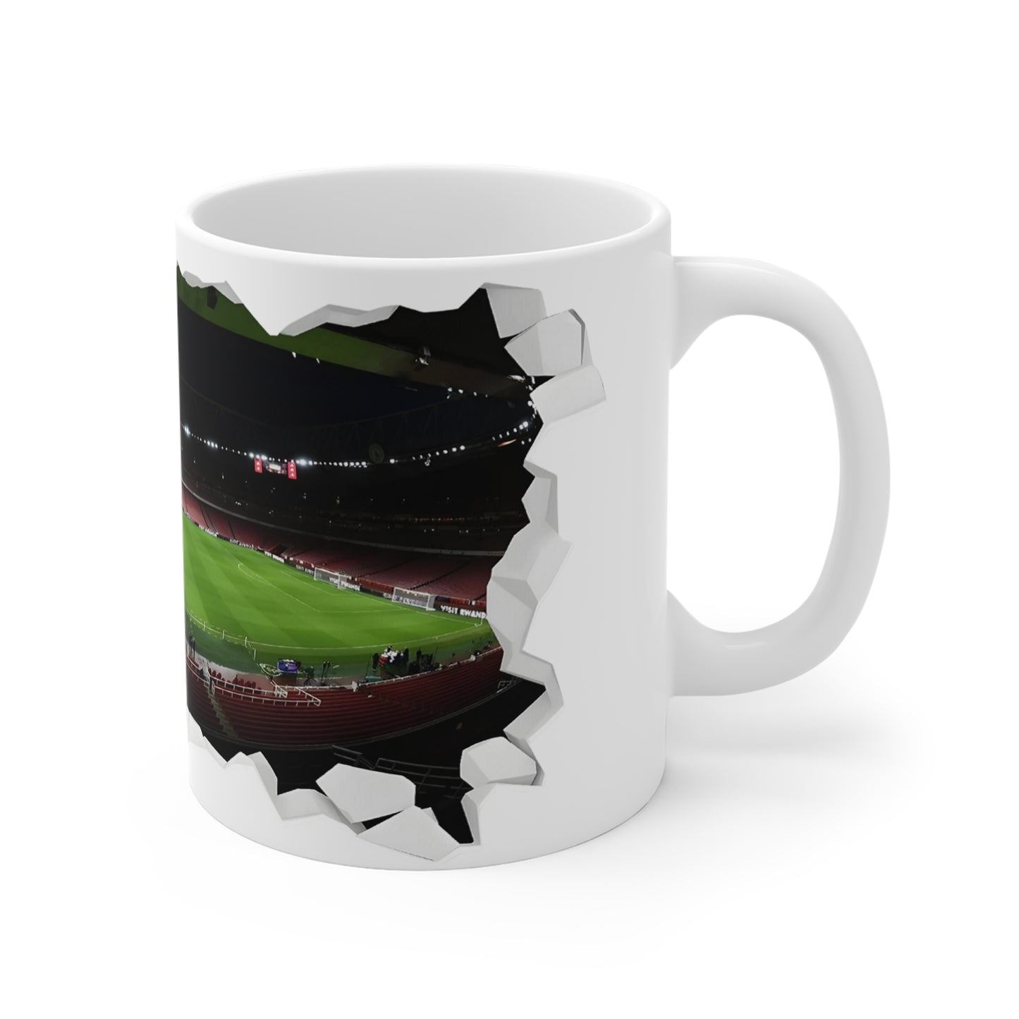 Emirates Stadium View Arsenal Fan Coffee Mug — 3D Torn Wall Soccer Field Design