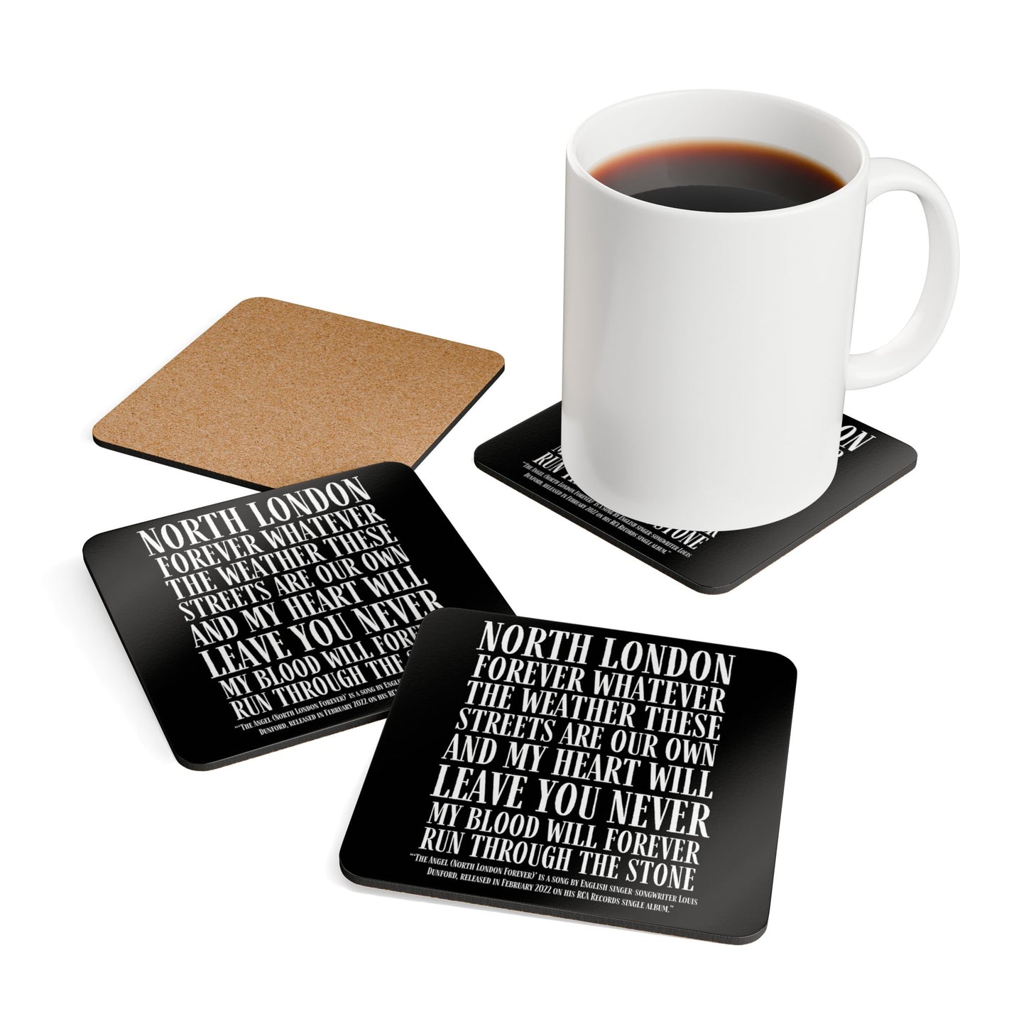 North London Lyrics Corkwood Coaster Set – Song Lyric Drink Coasters (Black & White)