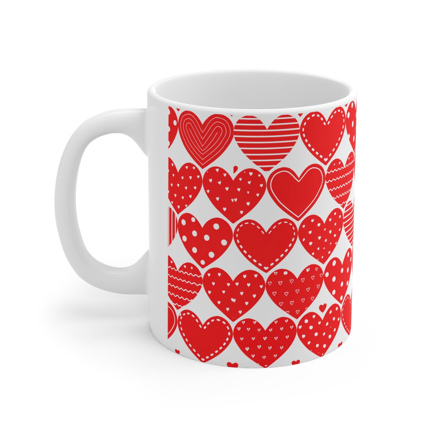 Red Patterned Hearts Coffee Mug — Valentine’s Day Ceramic Cup (11oz, 15oz)
