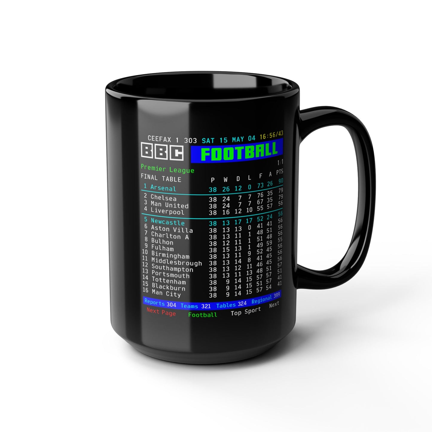 Arsenal 2004 Invincibles Premier League Table Mug — Retro BBC Teletext Style (11oz/15oz)