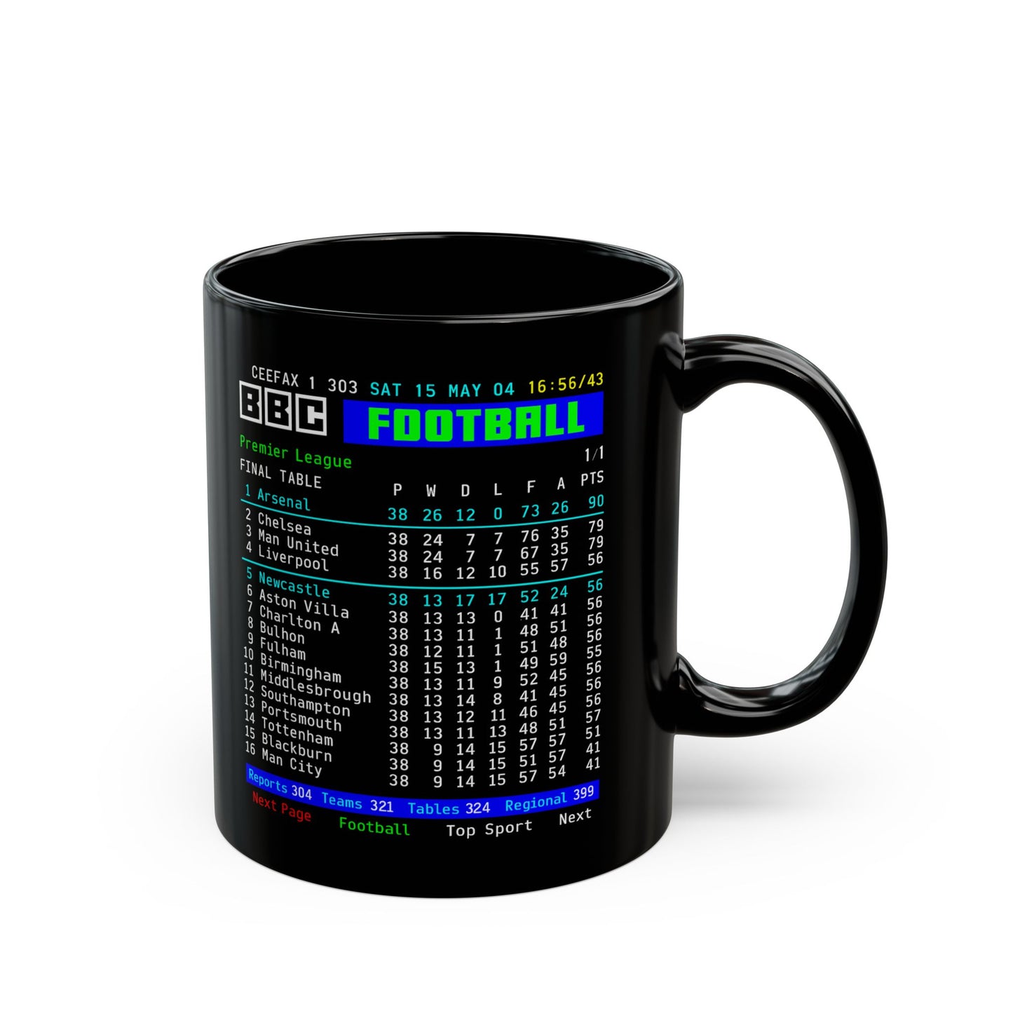 Arsenal 2004 Invincibles Premier League Table Mug — Retro BBC Teletext Style (11oz/15oz)