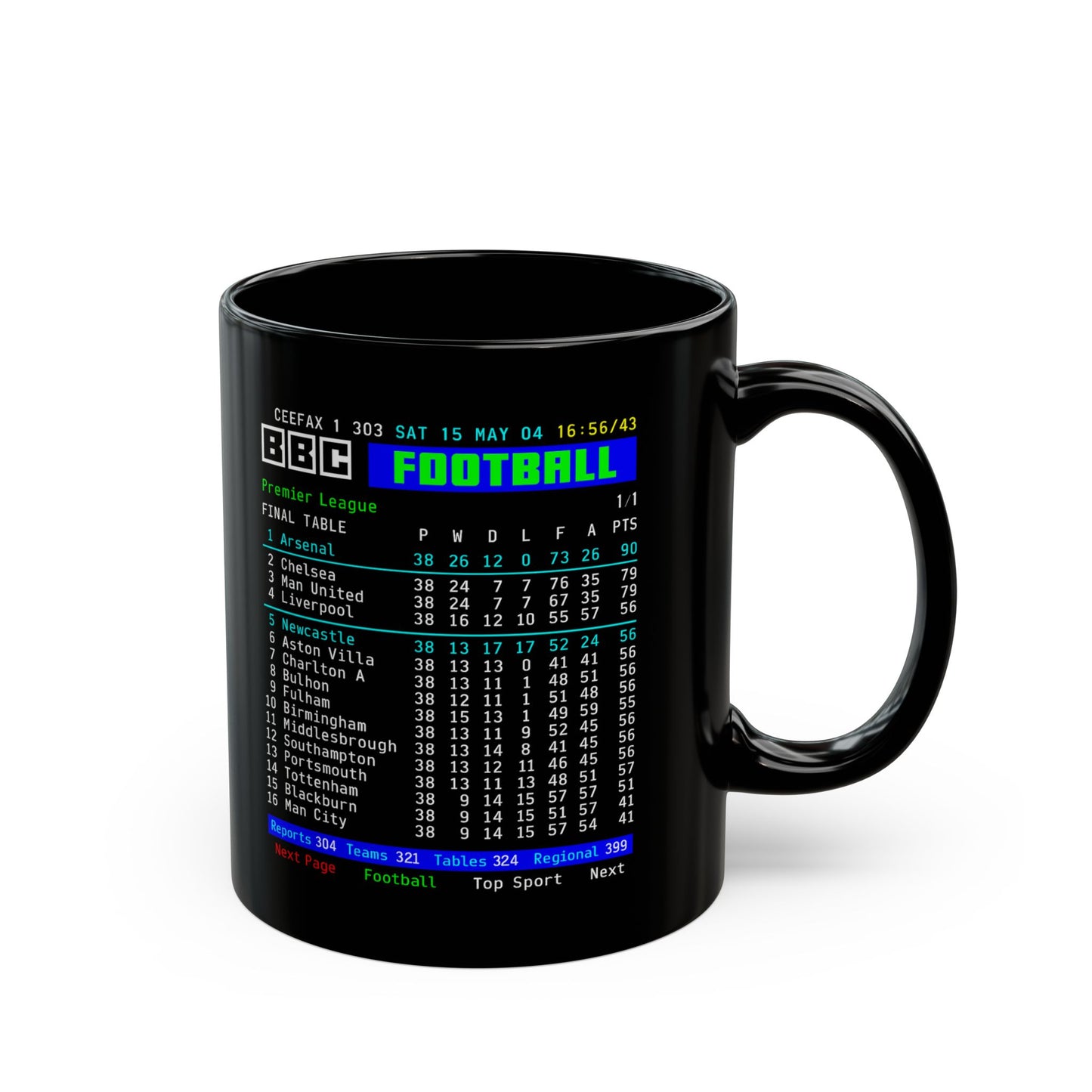 Arsenal 2004 Invincibles Premier League Table Mug — Retro BBC Teletext Style (11oz/15oz)