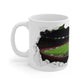 Emirates Stadium View Arsenal Fan Coffee Mug — 3D Torn Wall Soccer Field Design