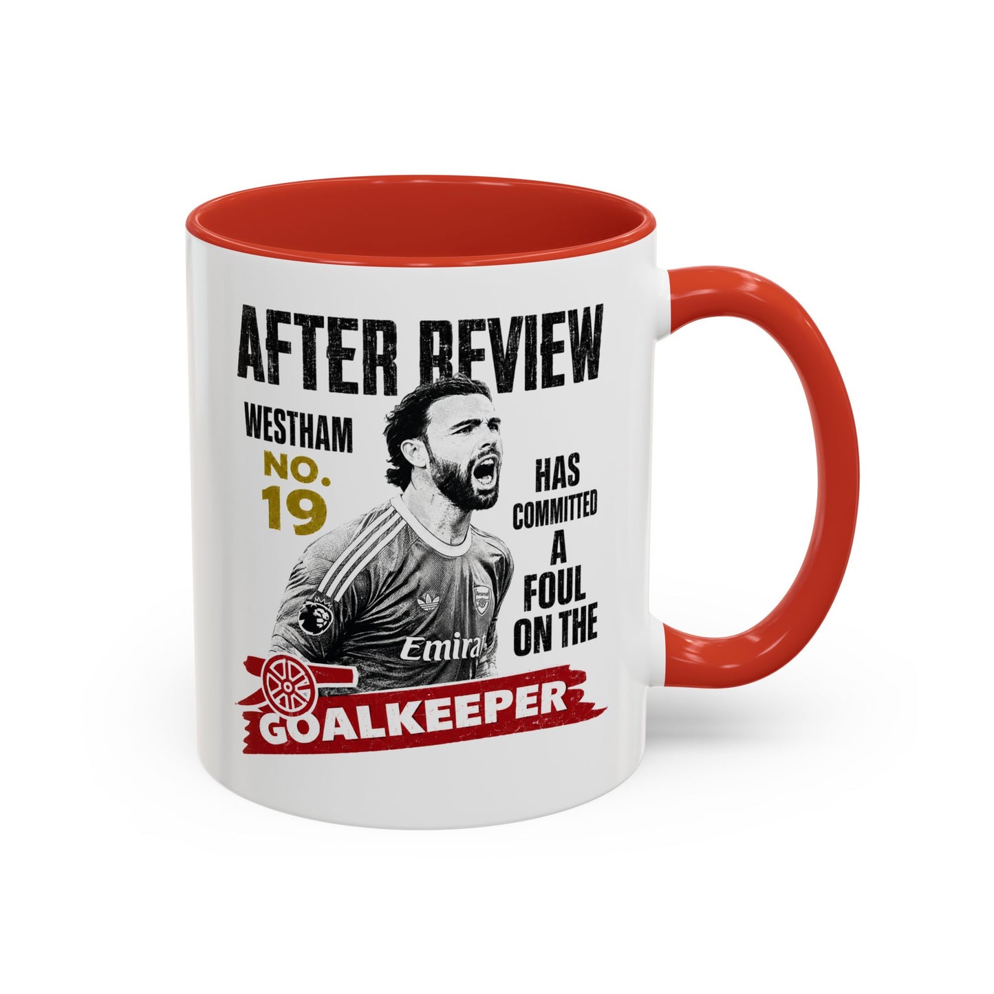 After Review Goalkeeper Coffee Mug — Funny Soccer Fan Gift (Westham No.19 Fouled) NEW