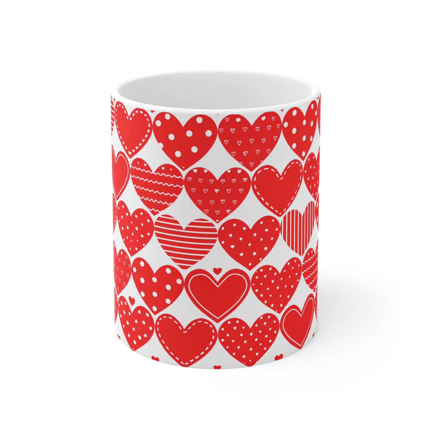 Red Patterned Hearts Coffee Mug — Valentine’s Day Ceramic Cup (11oz, 15oz)