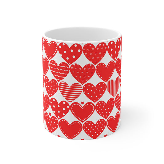 Red Patterned Hearts Coffee Mug — Valentine’s Day Ceramic Cup (11oz, 15oz)