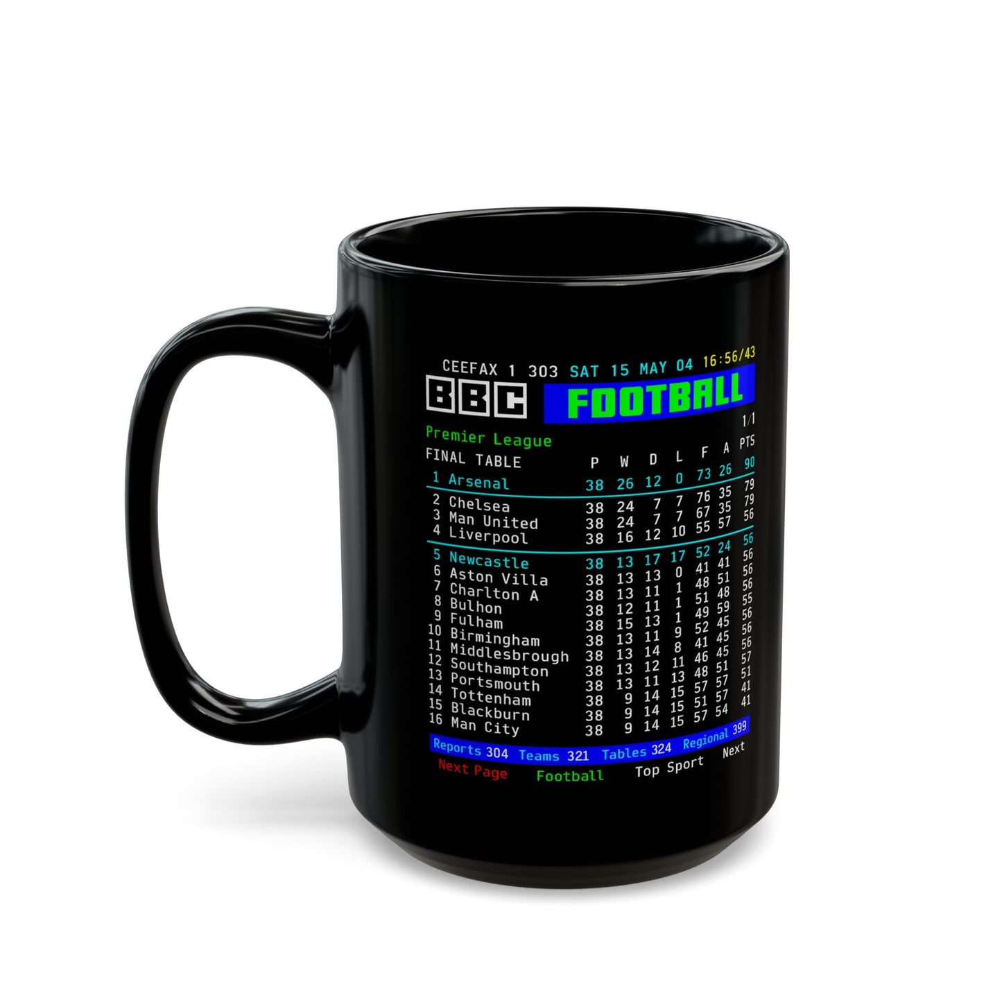 Arsenal 2004 Invincibles Premier League Table Mug — Retro BBC Teletext Style (11oz/15oz)