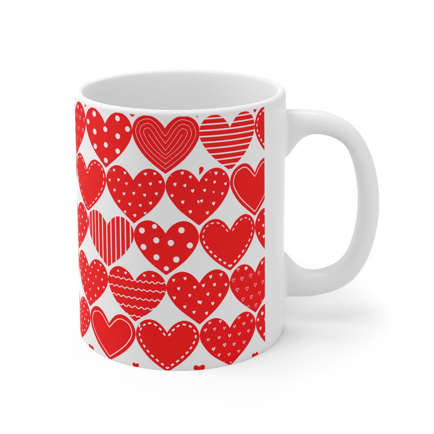 Red Patterned Hearts Coffee Mug — Valentine’s Day Ceramic Cup (11oz, 15oz)