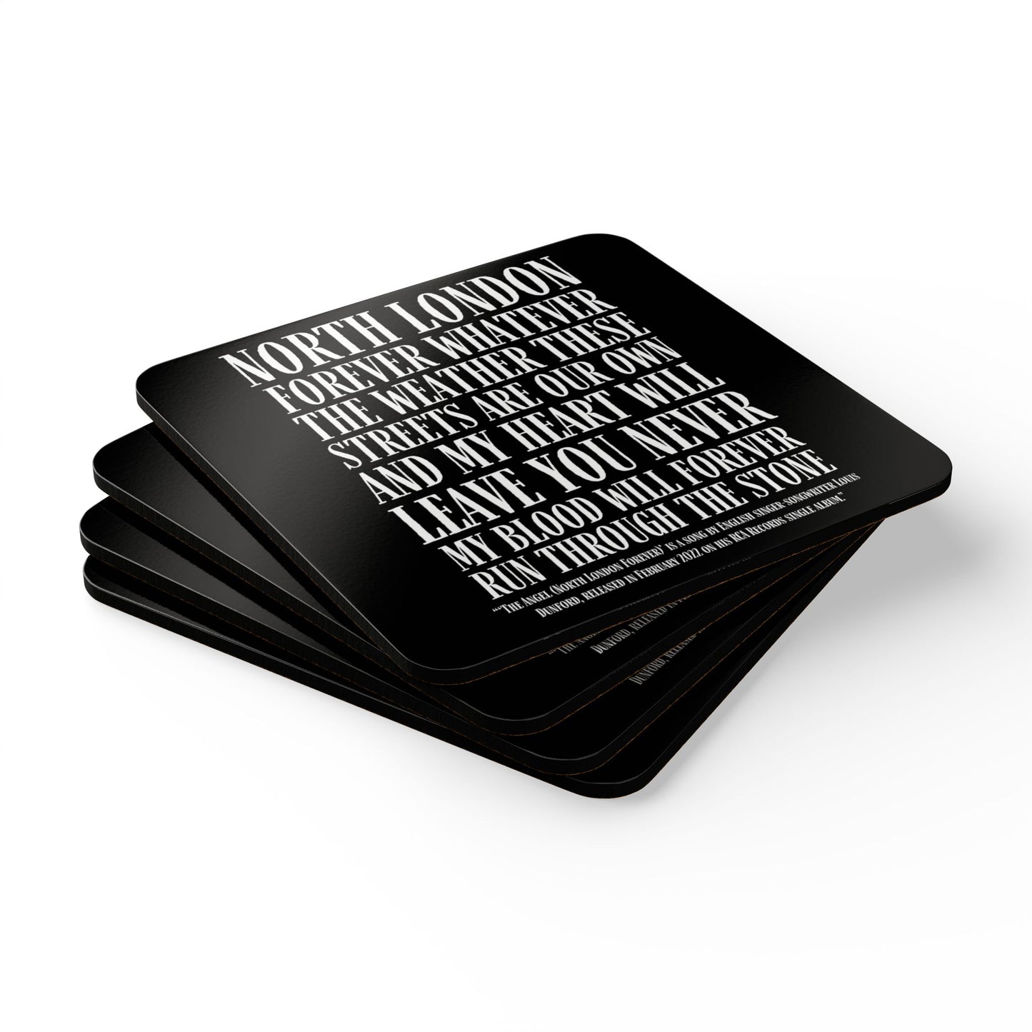 North London Lyrics Corkwood Coaster Set – Song Lyric Drink Coasters (Black & White)