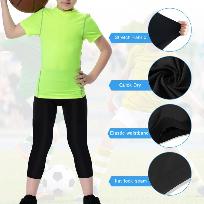 Kids Football Skins Compression Leggings – Boys Sports Base Layer Tights for Training, Running & Football
