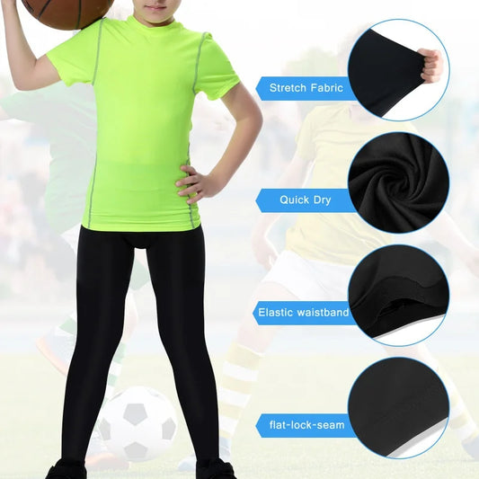 Kids Football Skins Compression Leggings – Boys Sports Base Layer Tights for Training, Running & Football
