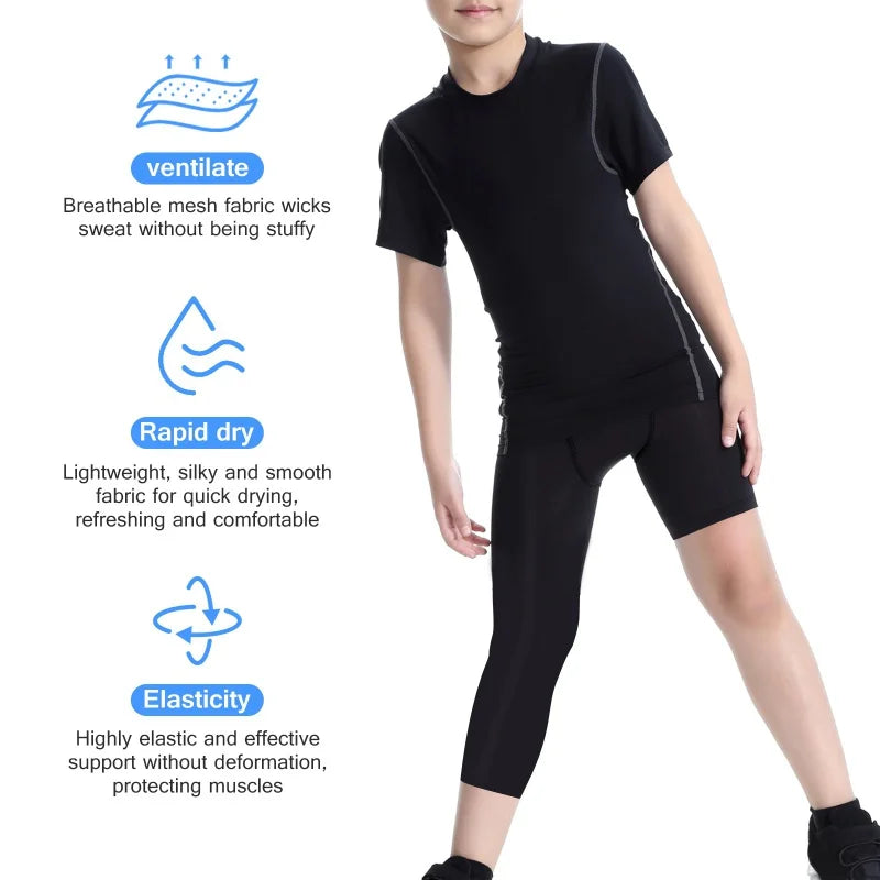 Kids Football Skins Compression Leggings – Boys Sports Base Layer Tights for Training, Running & Football