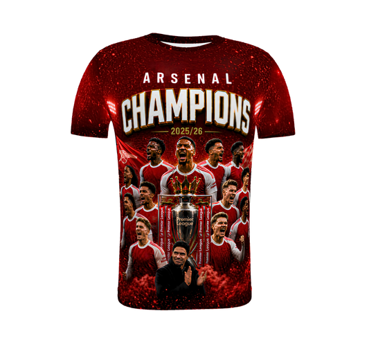 Arsenal Premiership Champions 2025/26 All-Over Print Performance T-Shirt (NEW)